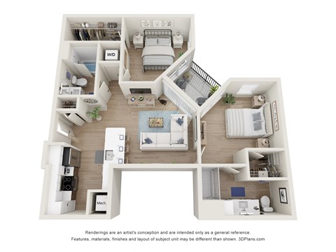 Floor plan for 2 beds, 2 baths, 1002 sqft